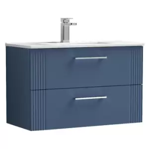 Image of Nuie Deco Satin Blue 800mm Wall Hung 2 Drawer Vanity Unit with 18mm Profile Basin - DPF395B - Satin Blue