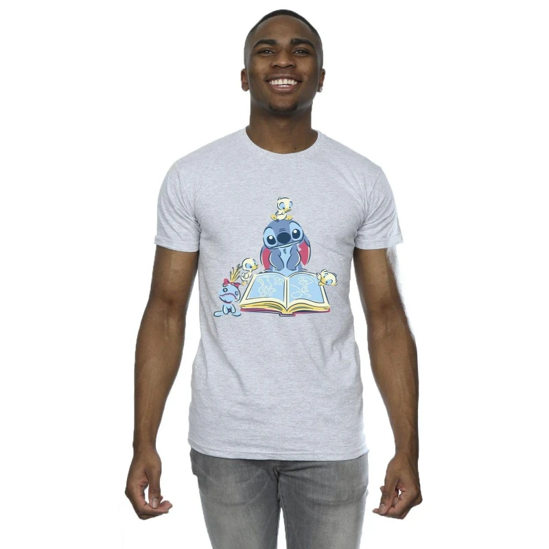 Image of Disney Men Lilo & Stitch Reading A Book T-Shirt in Grey Size: Small Grey S Male 5063153495364