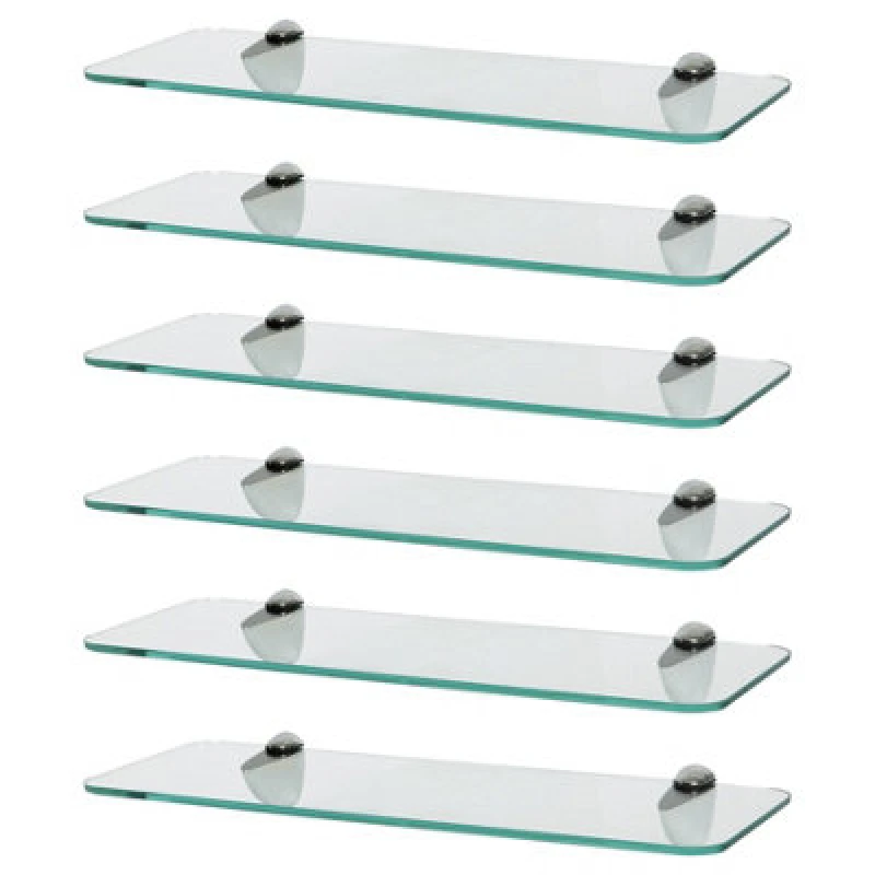 Image of Harbour Housewares 6X Rounded Floating Glass Shelves - 40Cm - Silver Brackets - Bathroom Shower Storage Vanity Display Unit Shelf