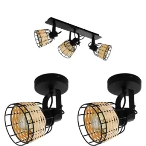 Image of Ceiling Spot Light & 2x Matching Wall Lights Black & Wicker Adjustable Shade