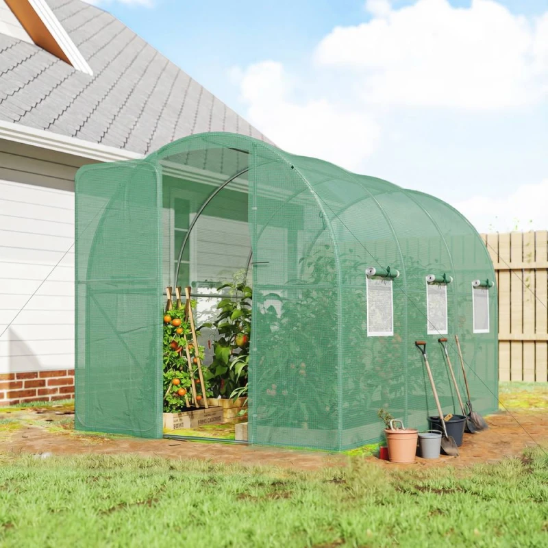 Image of OUTSUNNY 2 x 3m Walk-in Polytunnel Greenhouse with 6 Windows, Garden Tunnel in Green Size: 3m Green Unisex 3m