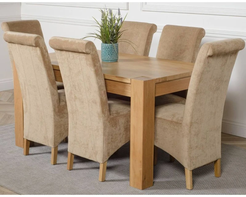 Image of Thats Furniture Kuba 150 x 85cm Chunky Medium Oak Dining Table & 6 Montana Fabric Chairs in Beige Beige Unisex 150 x 85 cm