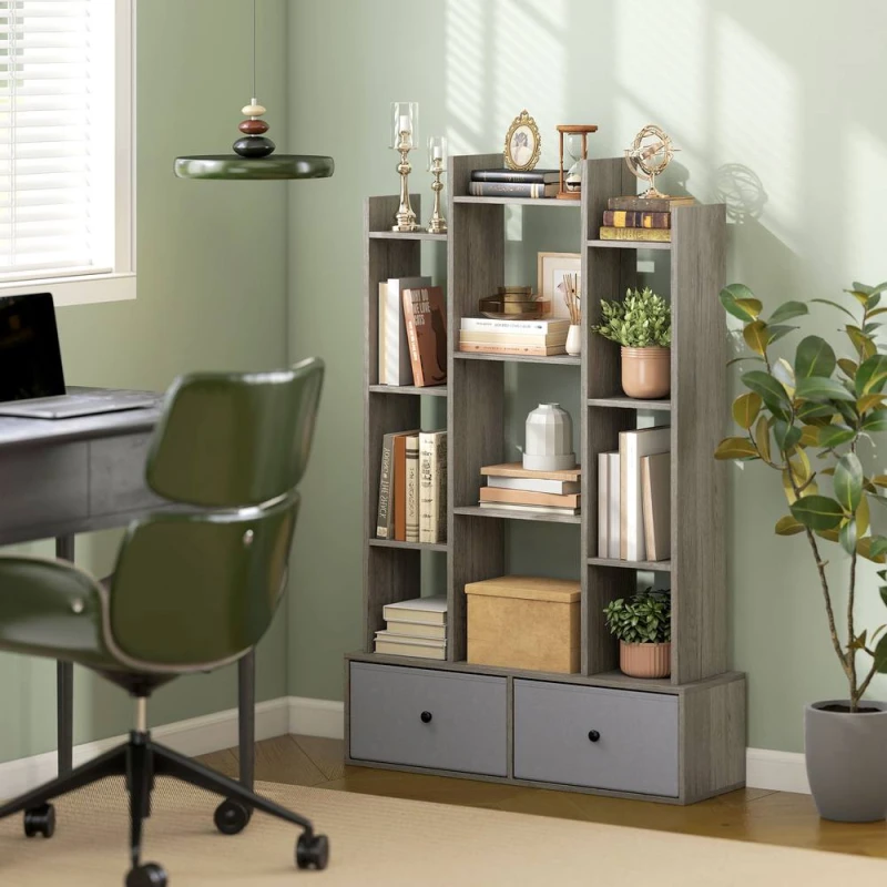 Image of HOMCOM 12-Tier Bookshelf, Bookcase w/ 2 Folding Drawer, Graphite Wood Effect in Grey Size: 120cm x 80cm Grey Unisex 120cm x 80 cm