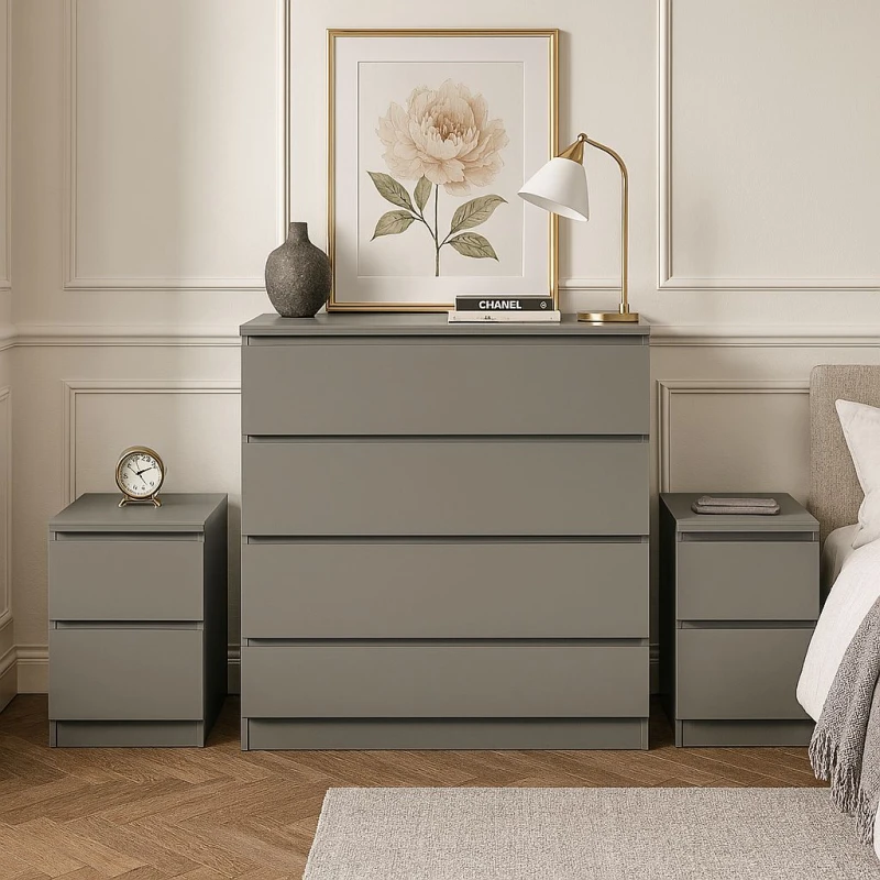 Image of Birlea 3 Piece Furniture Set Chest of Drawers Bedside Tables Birlea Oslo in Grey Grey One Size Unisex 5056206656256