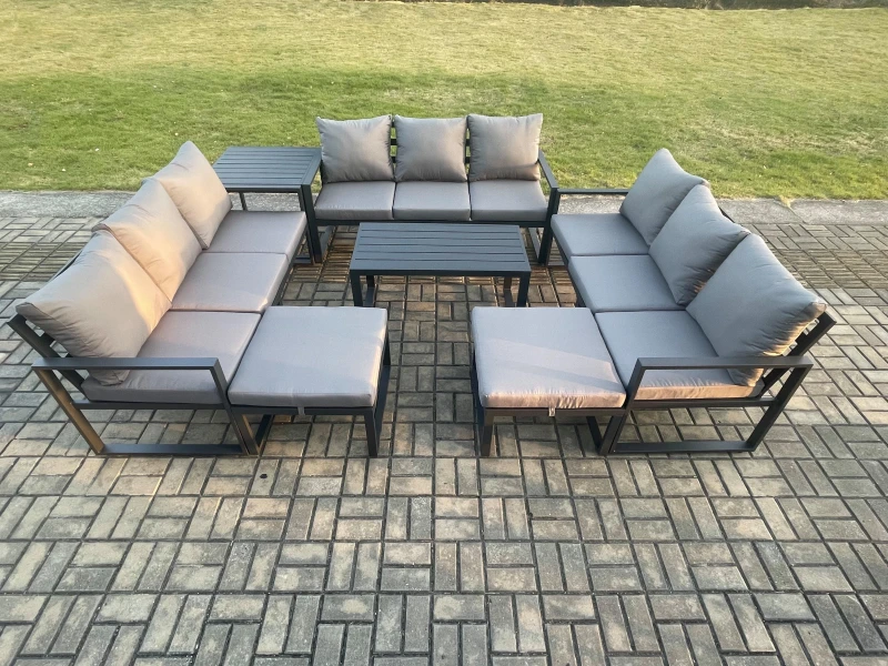 Image of Fimous Aluminium Outdoor Garden Furniture Set Lounge Sofa Oblong Coffee Table 2 PC Big Footstool Side Table Sets with Cushions Dark Grey Dark Grey Uni