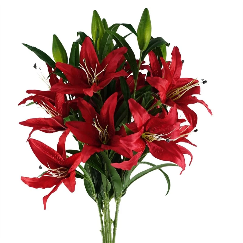 Image of Leaf Pack of 6 x 100cm Large Red Lily Stem - 3 Flowers Red unisex