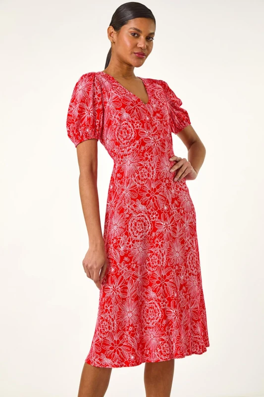 Image of Roman Womens Floral Midi Tea Dress in Red Size: 18 Red Female 18