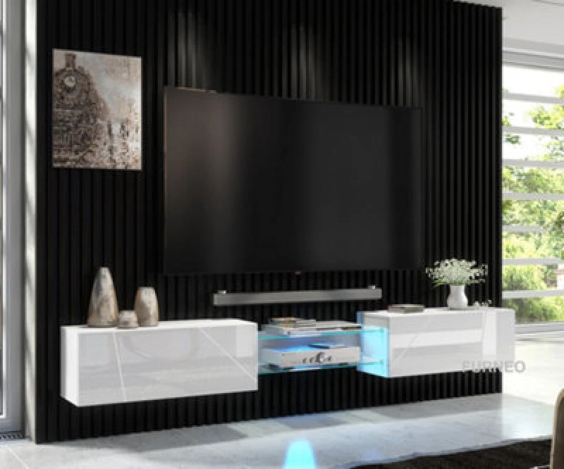 Image of Furneo White Floating TV Cabinet 230Cm Wall Unit Modern High Gloss &matt Art 02 Blue LED Lights