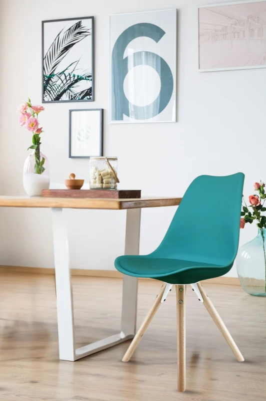Image of Fusion Living Soho Plastic Dining Chair with Pyramid Light Wood Legs Teal