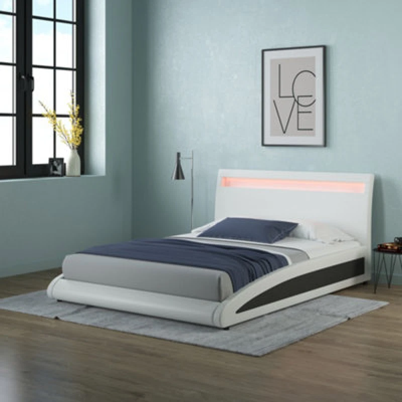 Image of SLUMBERWORX Neptune LED Lights Headboard Gaming Style Faux Leather Bed Frame - Double (White) FUR-BED-NEP-WHT-DBL