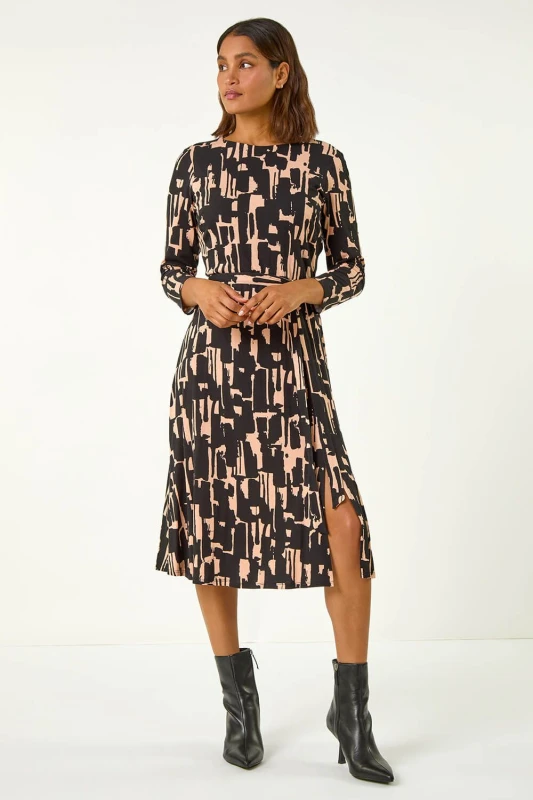 Image of Roman Stretch Abstract Belted Dress - Black W892E Female 10,12,14,16,18,20