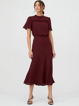 Image of Oasis Pintuck Bias Cut Short Sleeve Midi Dress - Burgundy, Size 8, Women