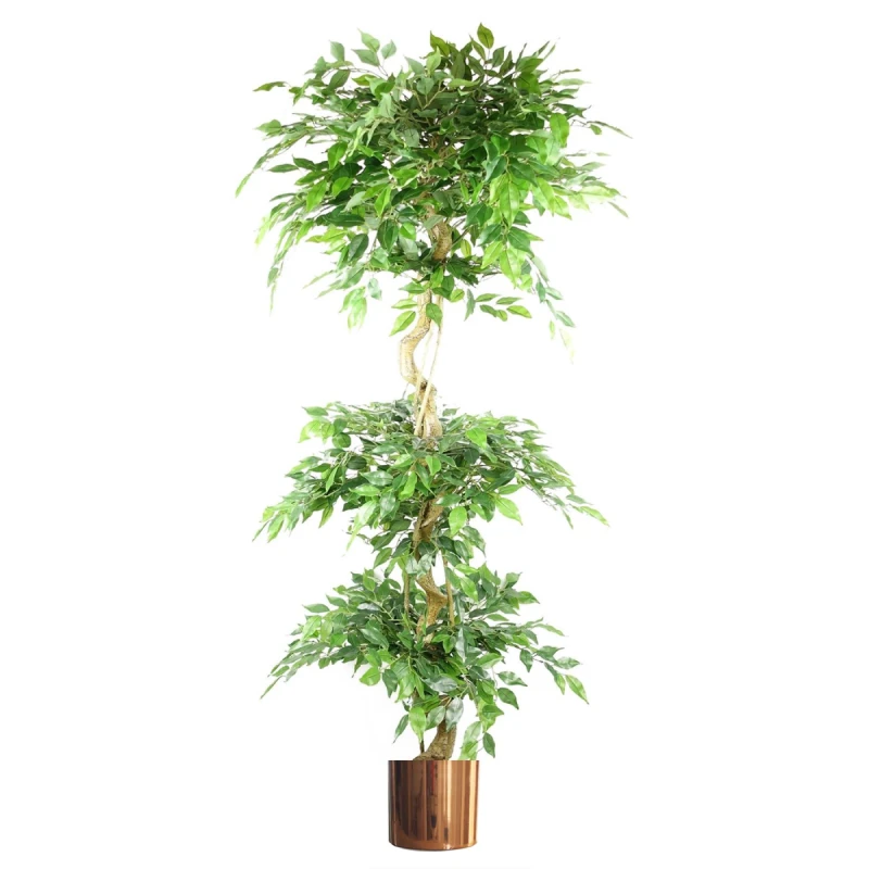 Image of N/A 180cm Artificial Twisted Trunk Fruticosa Ficus Tree Triple Ball Topiary 1984 Leaves Copper Metal Planter