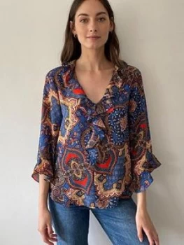 Image of Wallis Paisley Ruffle Top - Blue, Size 8, Women