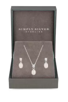 Image of Sterling Silver 925 Freshwater Pearl And Cubic Zirconia Set - Gift Boxed