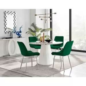 Image of Furniture Box Palma White Marble Effect Round Dining Table and 4 Green Pesaro Silver Chairs