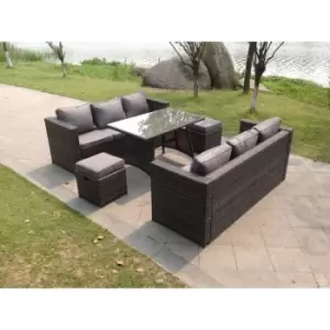 Image of Fimous 6 Seater Outdoor Dark Grey Rattan Lounge Complete Sofa Set with Large Dining Table and 2 Stools