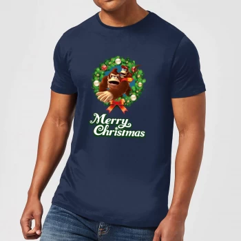 Image of Nintendo Donkey Kong Diddy Kong Merry Christmas Smaller Wreath Navy T-Shirt - L - Navy