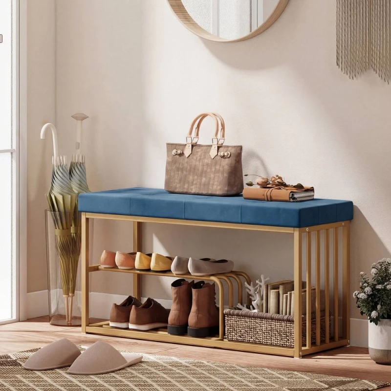 Image of HOMCOM Shoe Storage Bench with Seat Cushion Tufted Shoe Rack Bench in Dark Blue Dark Blue Unisex