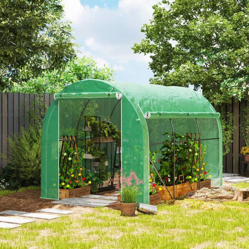 Image of OUTSUNNY Polytunnel Greenhouse with PE Cover, Galvanised Steel Frame, Green Size: 2964mm x 2964mm Green Unisex 2964mm x 2964mm