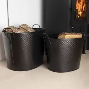 Image of Willow Pair of Fireside Log Buckets 1 x Large 1 x Small Iron Metal Handles - Black