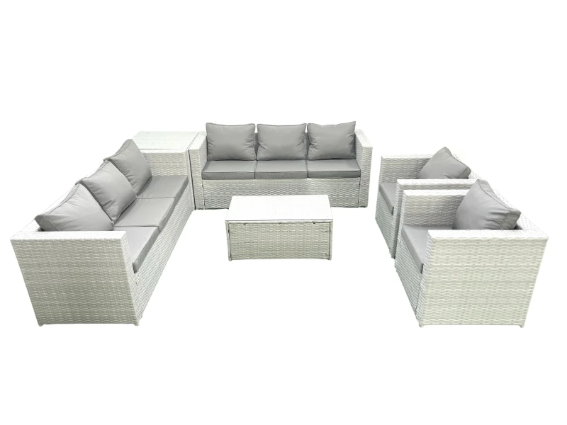 Image of Fimous Outdoor Rattan Sofa Garden Furniture Set with 2 Armchairs Oblong Coffee Table Side Table Light Grey Mixed Light Grey