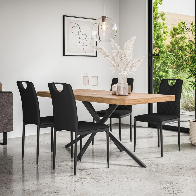 Image of More4Homes Donni Dining Table And Chairs - Oak Effect Table Top W Black Legs + Monza Faux Leather Dining Chair Set Of 6 (Black)