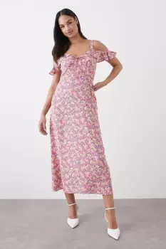 Image of Pink Floral Print Cold Shoulder Midi Dress