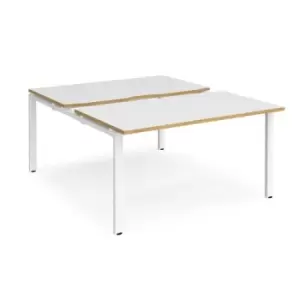 Image of Bench Desk 2 Person Starter Rectangular Desks 1400mm With Sliding Tops White/Oak Tops With White Frames 1600mm Depth Adapt