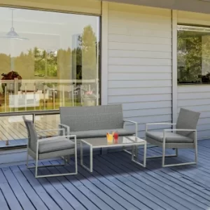 Image of Outsunny 4 PCs PE Rattan Wicker Sofa Set Outdoor Conservatory Furniture Lawn Patio Coffee Table w/ Cushion, Grey