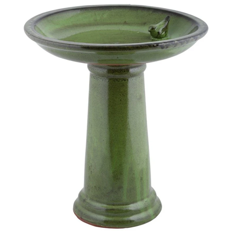 Image of Primrose Glazed Ceramic Pedestal Outdoor Garden Bird Bath in Green Green Unisex