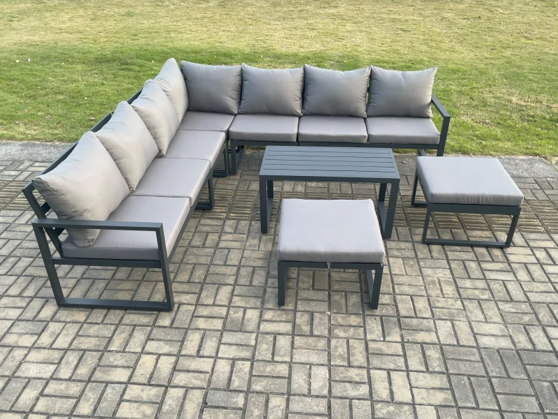 Image of Fimous Aluminium Outdoor Garden Furniture Set Lounge Corner Sofa Oblong Coffee Table Sets with 2 Big Footstools Dark Grey Dark Grey Unisex