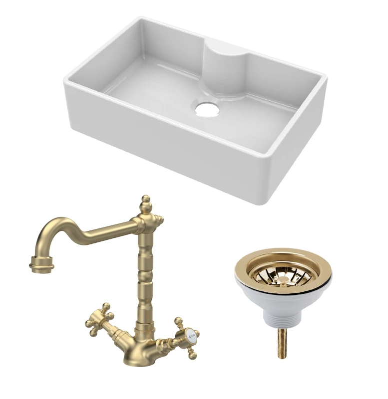Image of Balterley Fireclay 1 Bowl Butler Sink Tap Ledge Waste Tap Brushed Brass 795mm White unisex