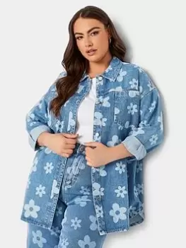 Image of Yours Printed Denim Shacket Blue Size 20, Women