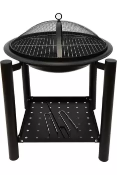 Image of Garden Outdoor Coal and Wood Burning BBQ Durable Black Steel Free Standing Stand with Bowl Fire Pit with Lid and Shelf