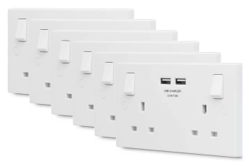 Image of British General 13A 2 Gang Switched Socket with 2x USB-A 3.1A - White. Pack of 6