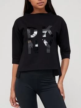 Image of DKNY SPORT Stacked Lacquer Logo Popover Top - Black, Size S, Women