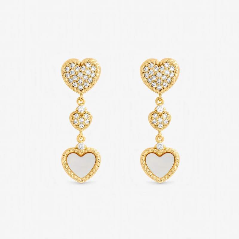 Image of Inicio Womens Gold Plated Mother of Pearl & Pave Heart Drop Earrings - Gift Pouch Gold Female One Size