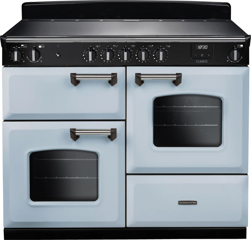 Image of Rangemaster Classic 110 Induction CLO110EIPMSB/CM1 110cm wide Electric Range Cooker with Zone induction hob Hob - Misty Blue / Chrome - A Rated