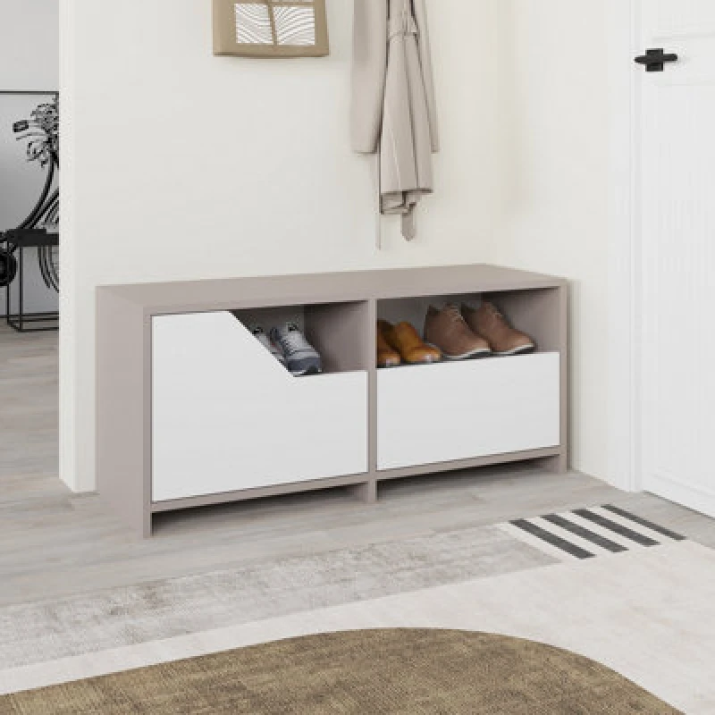 Image of Decortie Modern Nexus Shoe Cabinet Mocha Grey, White 105(W) 2-Door Storage And Open Shelf Space Saver Engineered Wood Hallway