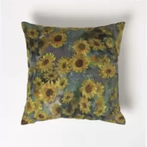 Image of HOMESCAPES Van Gogh Sunflowers Filled Velvet Cushion 46 x 46cm - Taupe