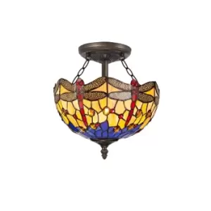 Image of 2 Light Semi Flush Ceiling E27 With 30cm Tiffany Shade, Blue, Orange, Crystal, Aged Antique Brass