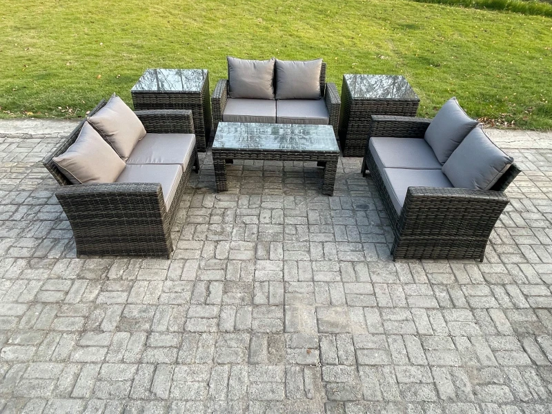 Image of Fimous 6 PCS Outdoor Lounge Sofa Set Wicker PE Rattan Garden Furniture Set with Coffee Table Double Seater Sofa 2 Side Tables in Dark Grey Dark Grey U