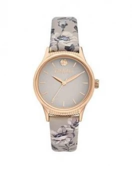 Image of Cath Kidston White And Gold Detail Dial Pembroke Rose Print Grey Leather Strap Ladies Watch