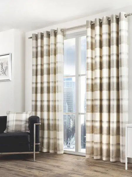 Image of Fusion 'Balmoral Check' Country Checked Pattern Pair of Eyelet Curtains Natural