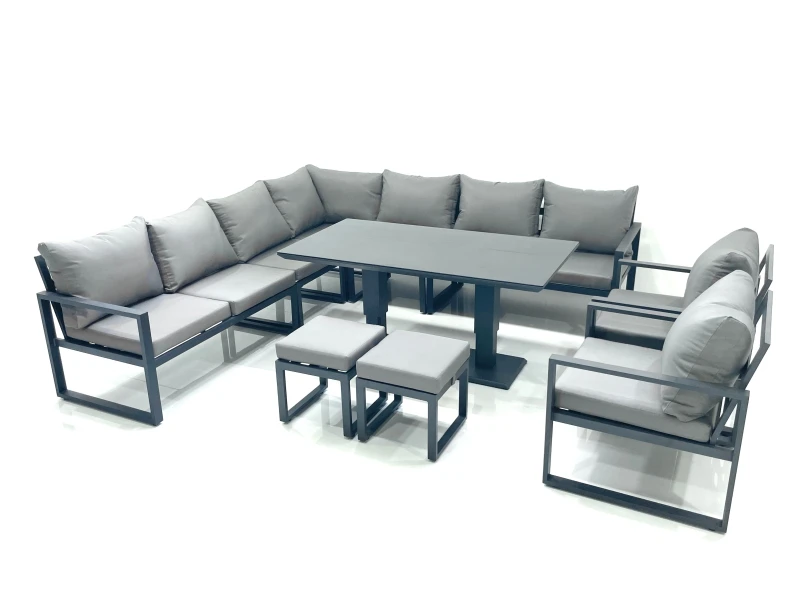 Image of Fimous 11 Seater Outdoor Aluminum Garden Furniture Set Corner Sofa 2 Chair 2 Small Footstool Adjustable Rising Lifting Dining Table Sets Dark Grey Dar