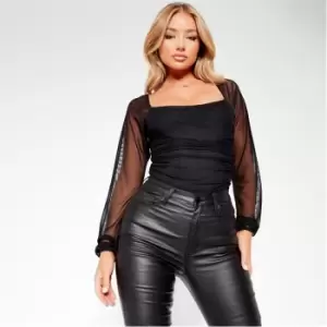 Image of I Saw It First Mesh Puff Sleeve Square Neck Bodysuit - Black
