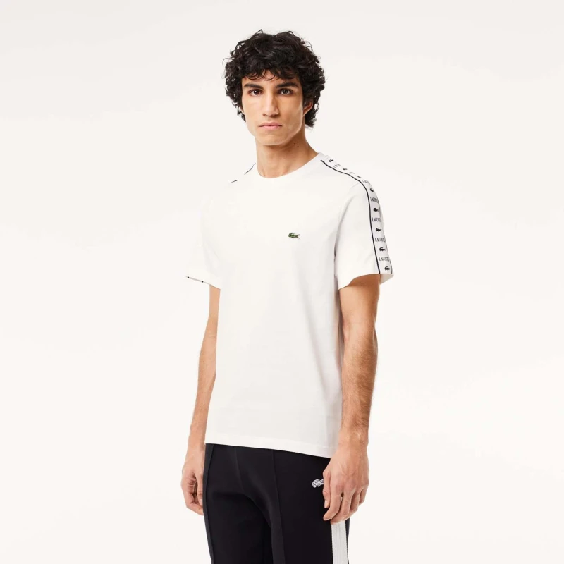 Image of Lacoste Cotton Jersey Logo Stripe T-Shirt - White White XS