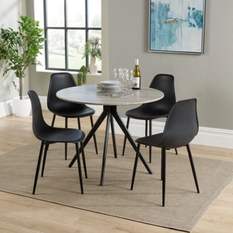 Image of Core Products Aspen Grey Oak Round Table & 4 Black Curve Chair Dining Set, Grey ASTB4-OKSET9