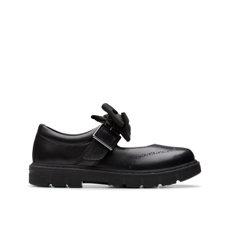 Image of Clarks Lorcam Jane Kid Black Leather Bar Shoes, Mary Jane, School Shoes Size: 12-Standard Fit Black Unisex 12-Standard Fit